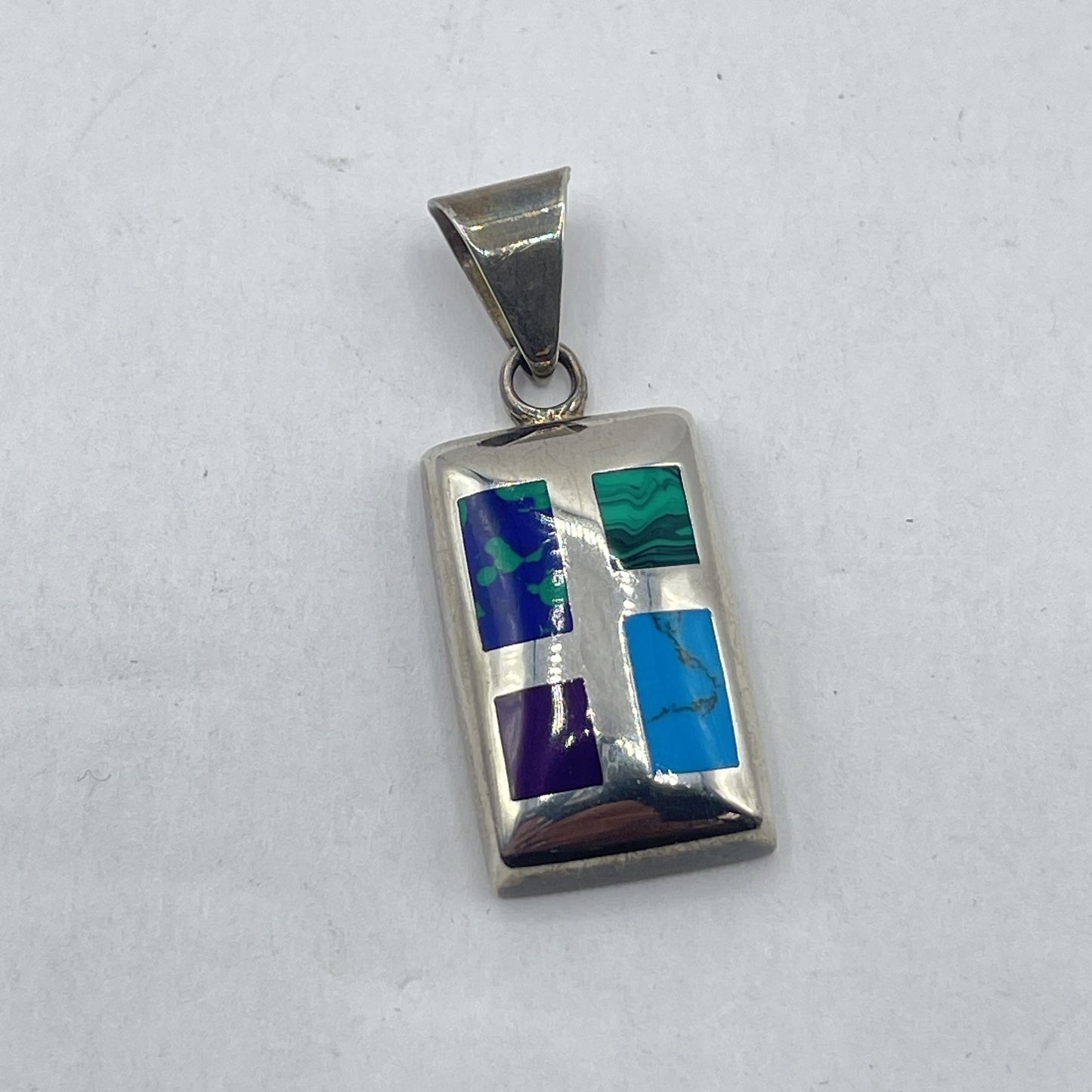 Sterling Silver Rectangular Pendant With Multi-Stone Inlay