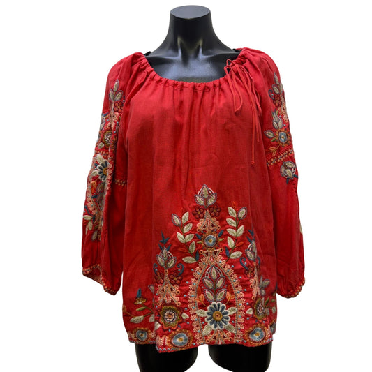 Johnny Was Linen Embroidered Blouse Coral Multi Long Sleeve L