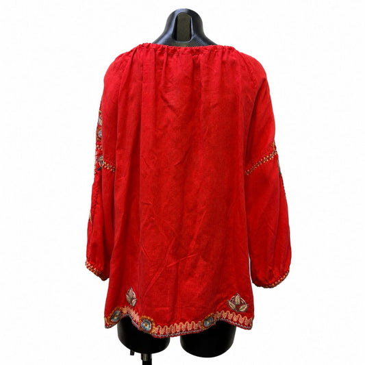 Johnny Was Linen Embroidered Blouse Coral Multi Long Sleeve L