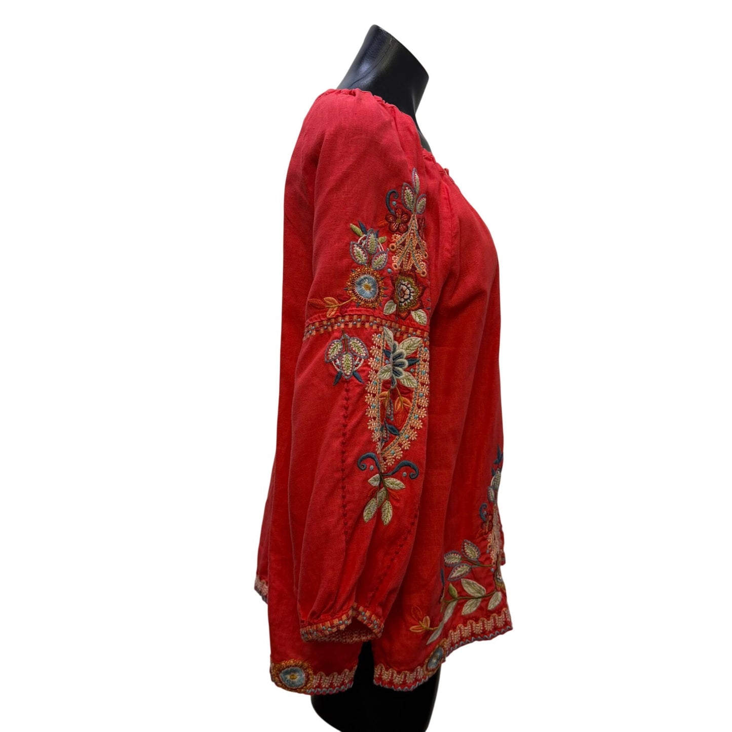 Johnny Was Linen Embroidered Blouse Coral Multi Long Sleeve L