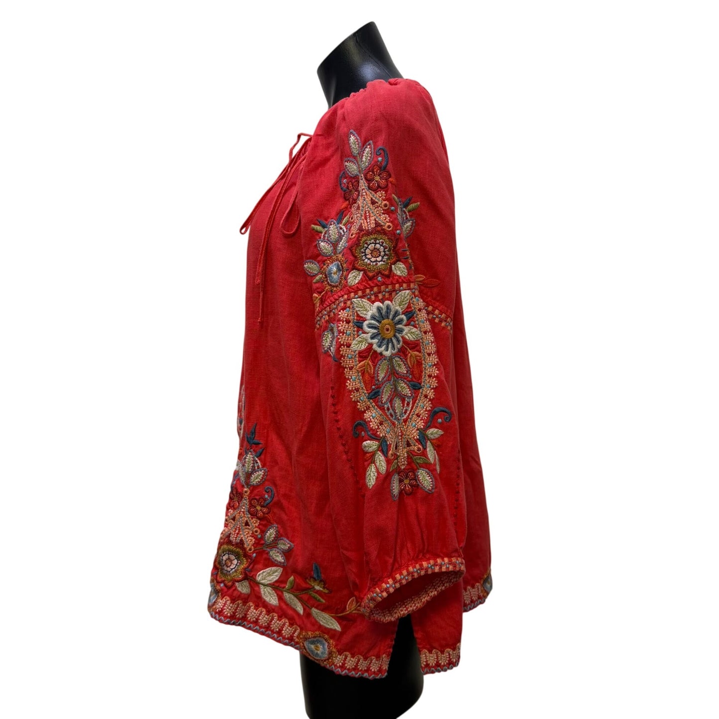 Johnny Was Linen Embroidered Blouse Coral Multi Long Sleeve L