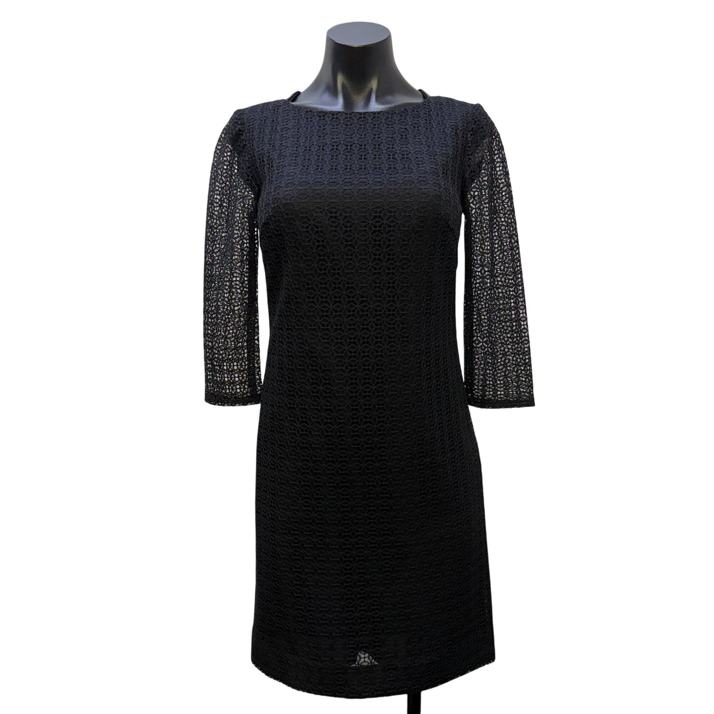 Trina Turk Black Lace Sheath Dress With 3/4 Sleeves Open Back Size 0