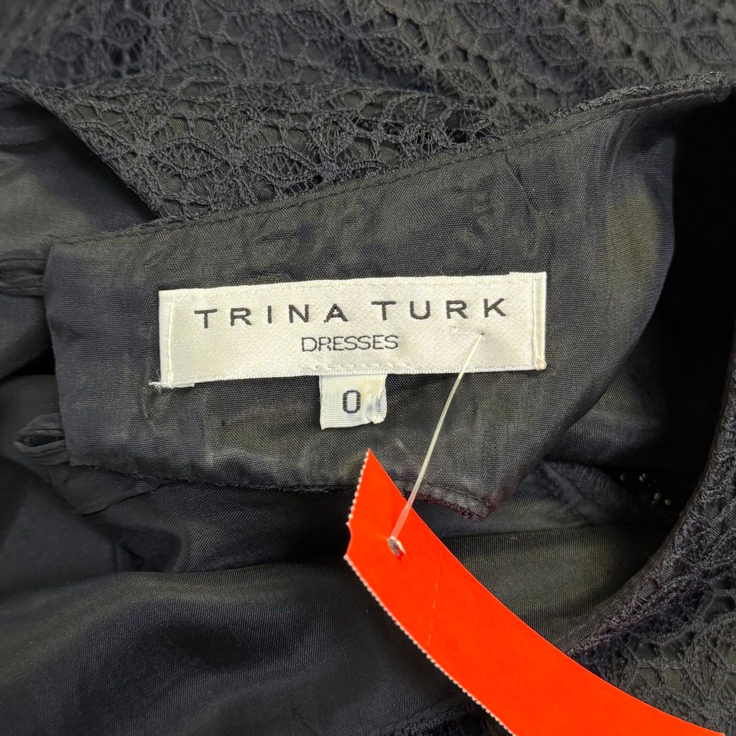 Trina Turk Black Lace Sheath Dress With 3/4 Sleeves Open Back Size 0