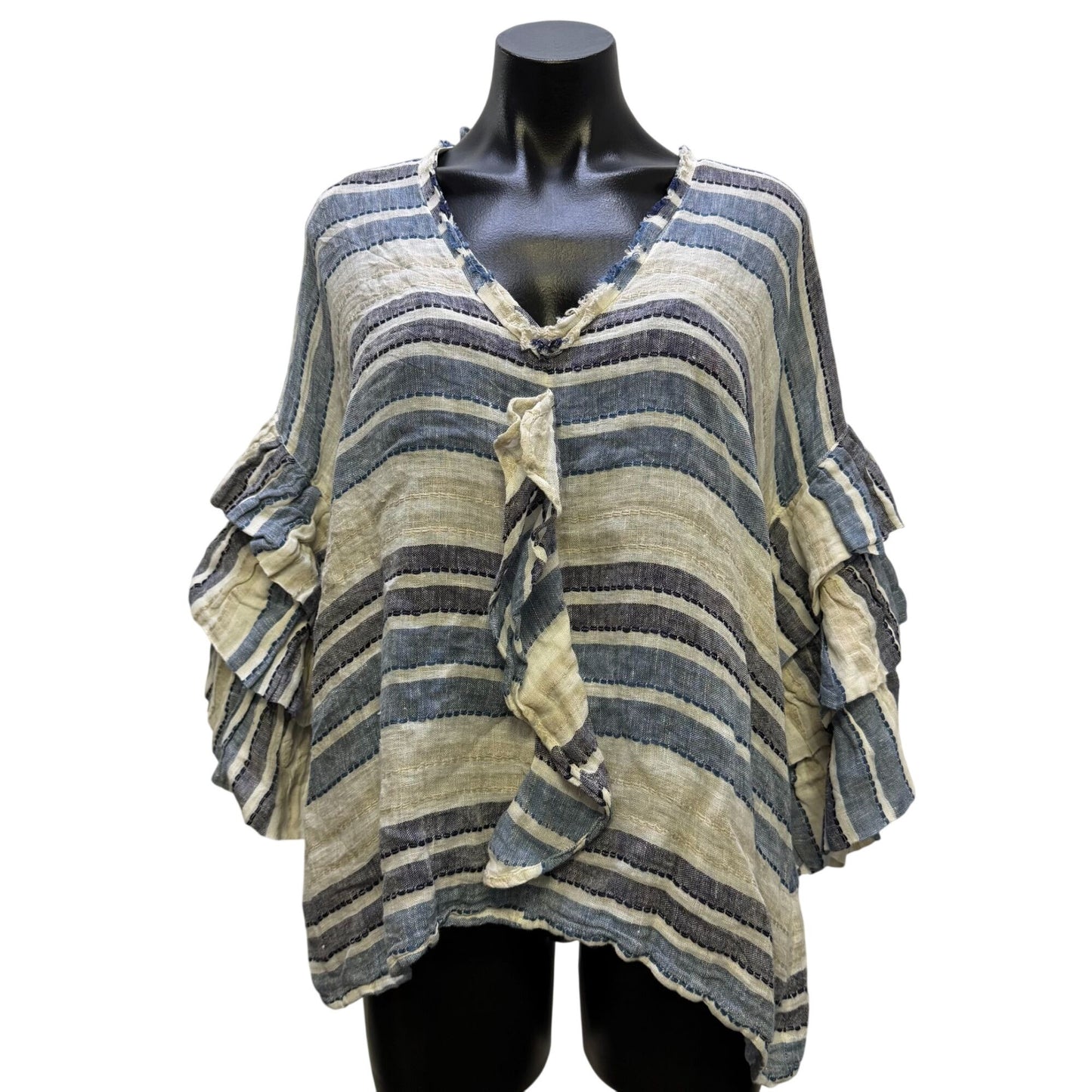 NWT Linomania Linen Blouse Blue Cream Striped Ruffle Sleeve Size L