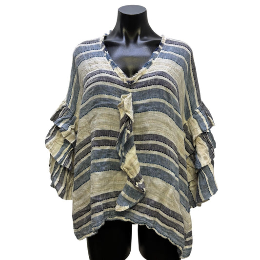 NWT Linomania Linen Blouse Blue Cream Striped Ruffle Sleeve Size L