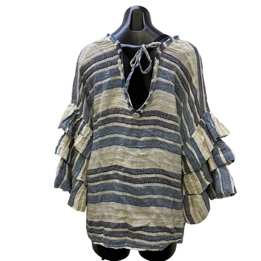 NWT Linomania Linen Blouse Blue Cream Striped Ruffle Sleeve Size L