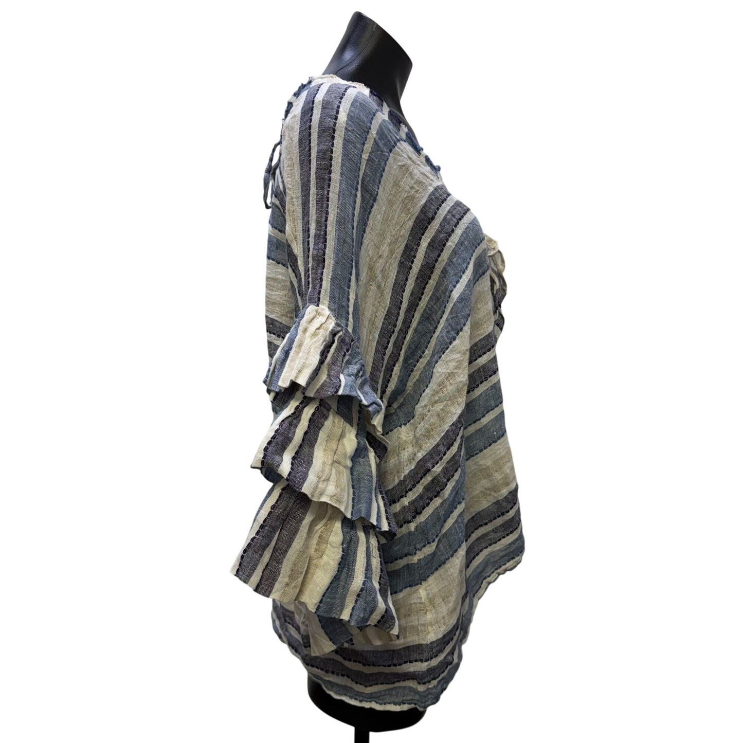 NWT Linomania Linen Blouse Blue Cream Striped Ruffle Sleeve Size L