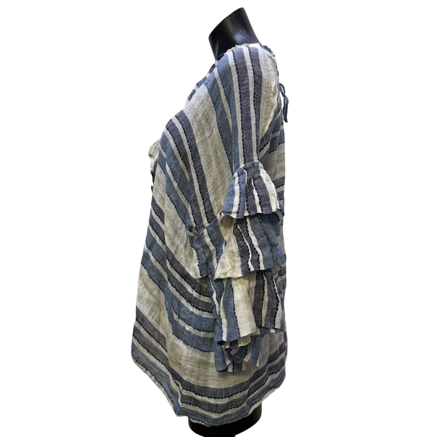 NWT Linomania Linen Blouse Blue Cream Striped Ruffle Sleeve Size L