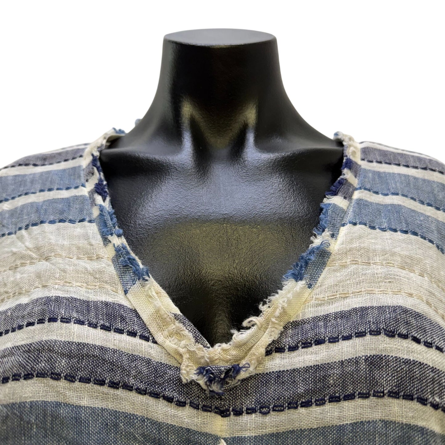 NWT Linomania Linen Blouse Blue Cream Striped Ruffle Sleeve Size L