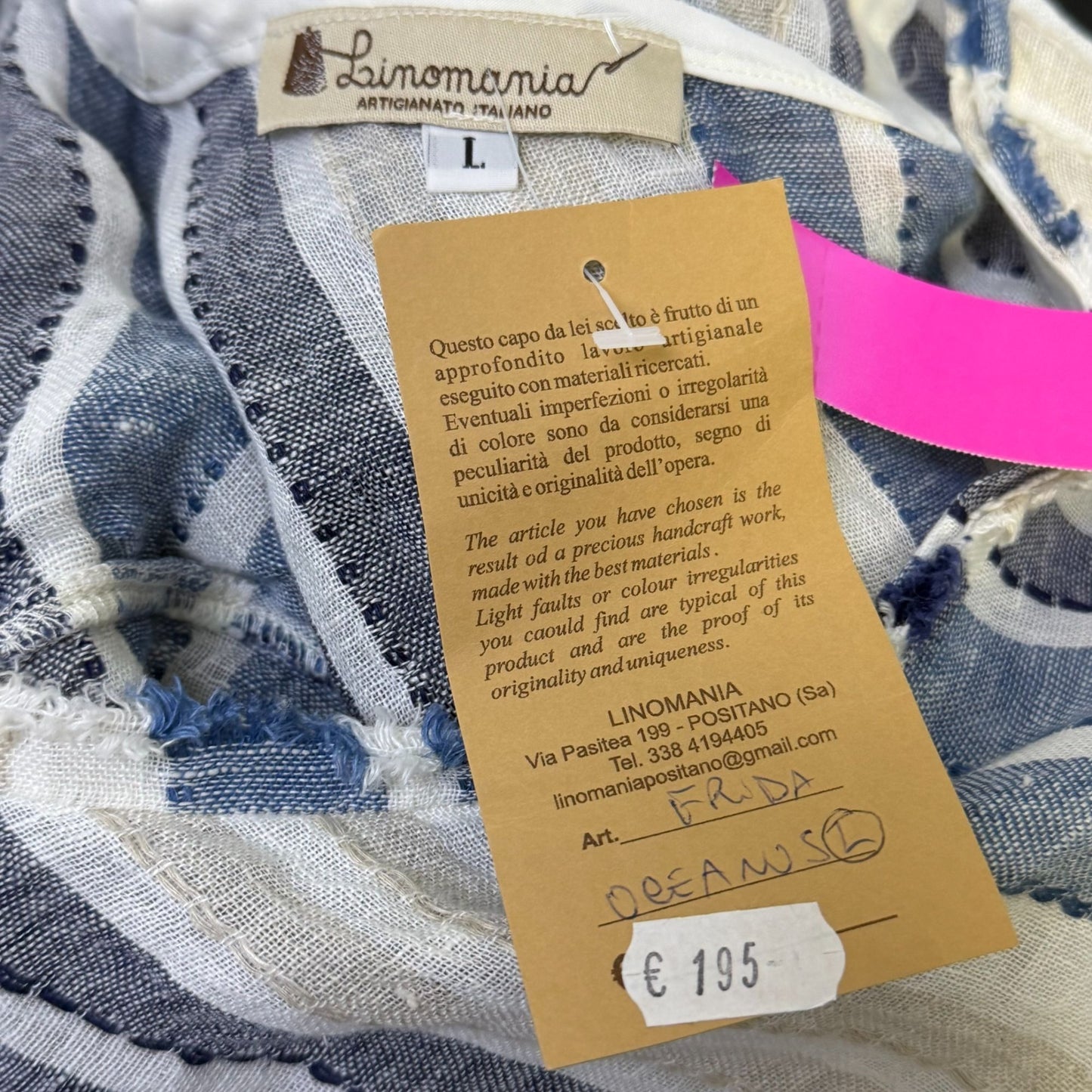 NWT Linomania Linen Blouse Blue Cream Striped Ruffle Sleeve Size L