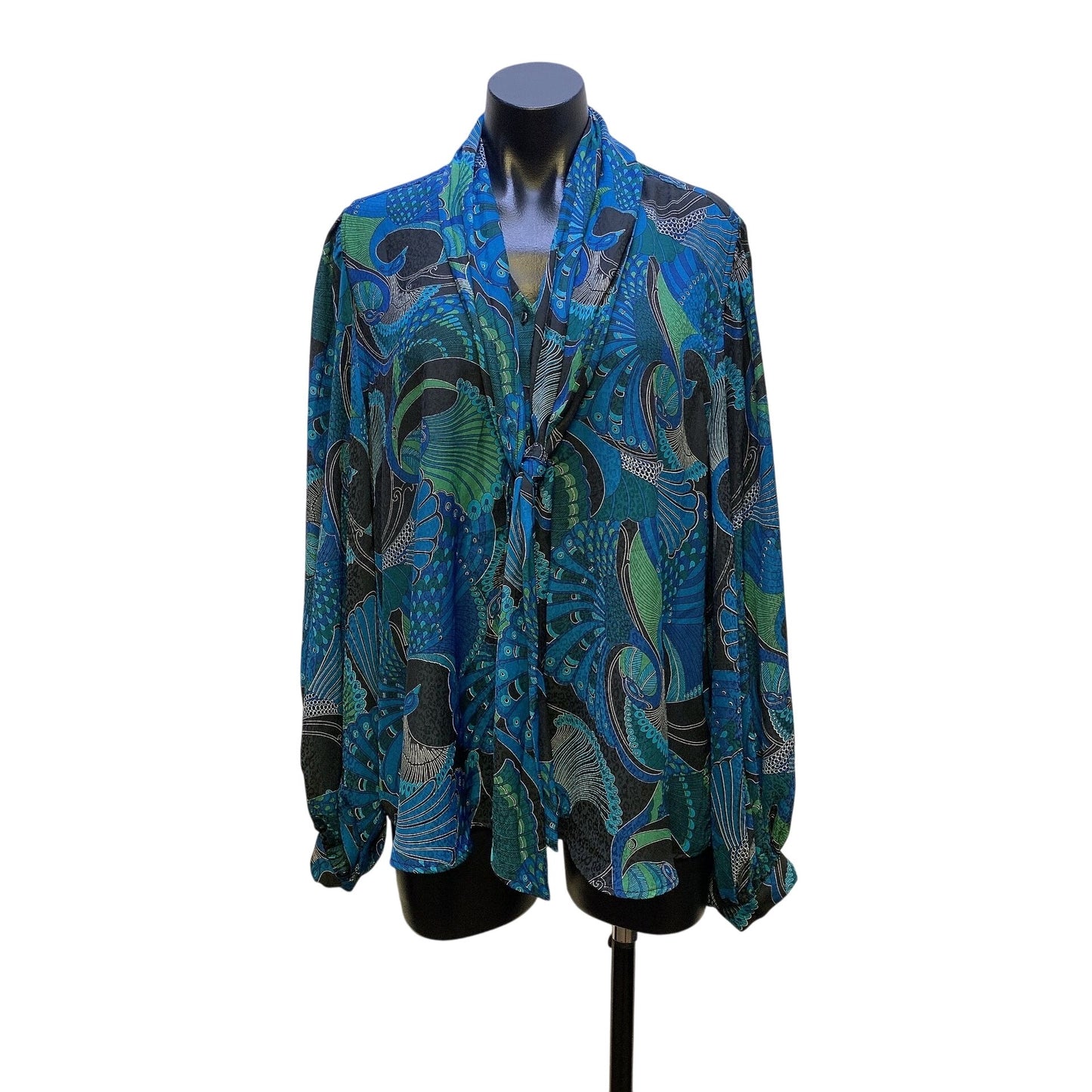 NWT Chico's Blouse Abstract Blue Green Pattern Button Cuffs Tie Neck Size 3/XL