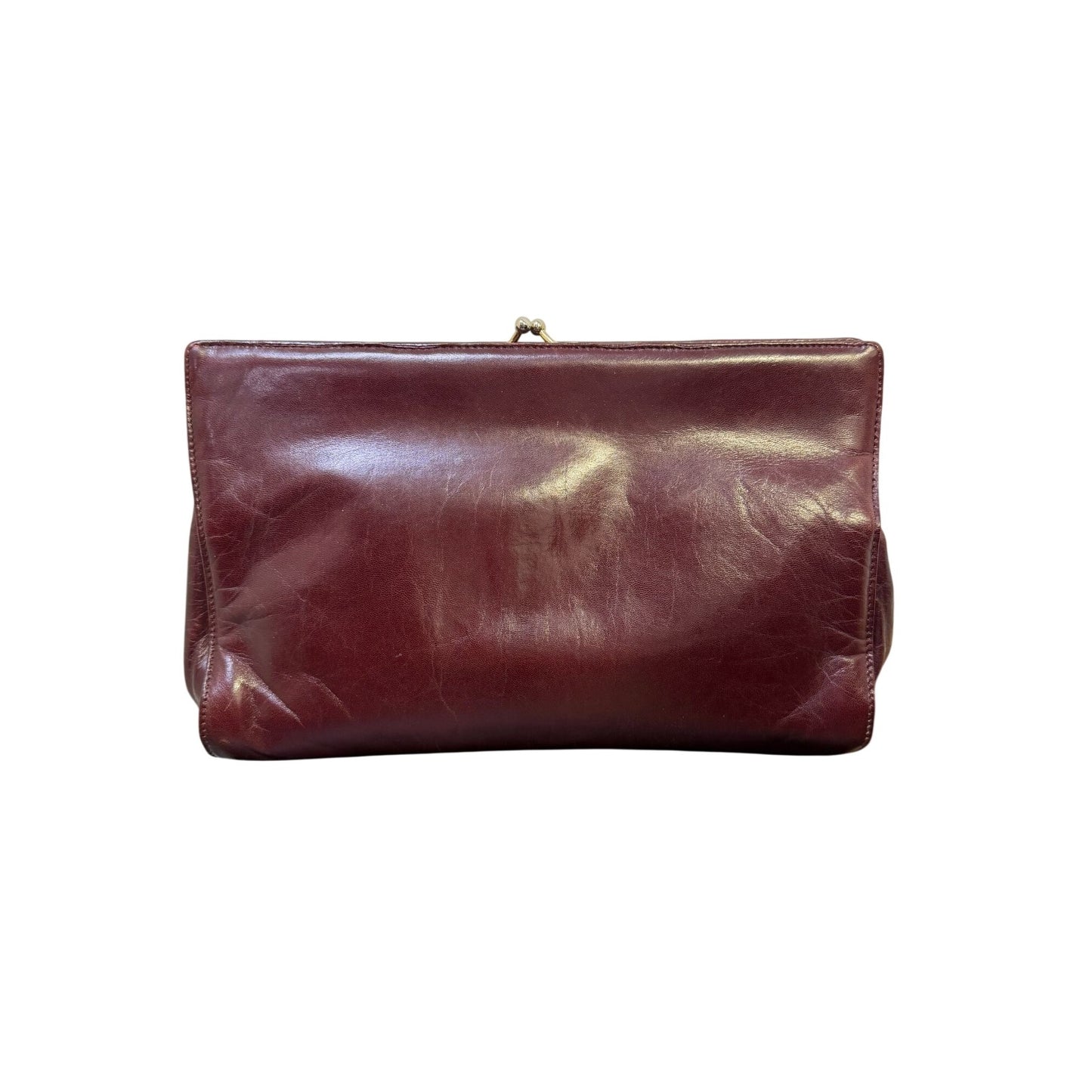 Bottega Veneta Vintage Italian Leather Clutch Bag In Wine Red With Gold Kiss Lock Closure