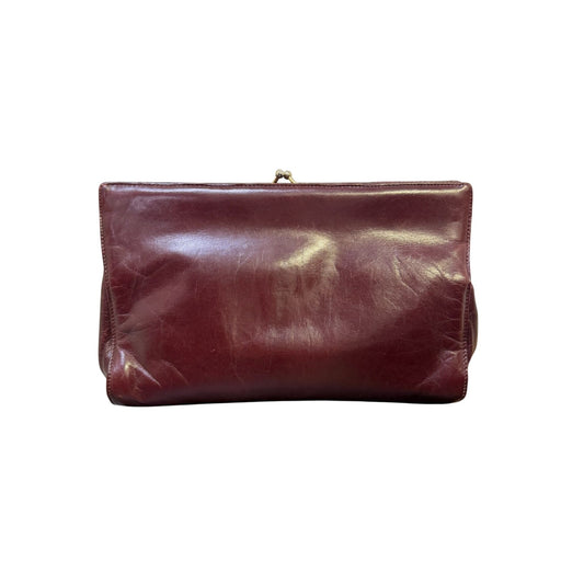 Bottega Veneta Vintage Italian Leather Clutch Bag In Wine Red With Gold Kiss Lock Closure