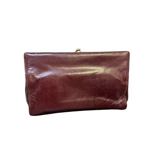 Bottega Veneta Vintage Italian Leather Clutch Bag In Wine Red With Gold Kiss Lock Closure