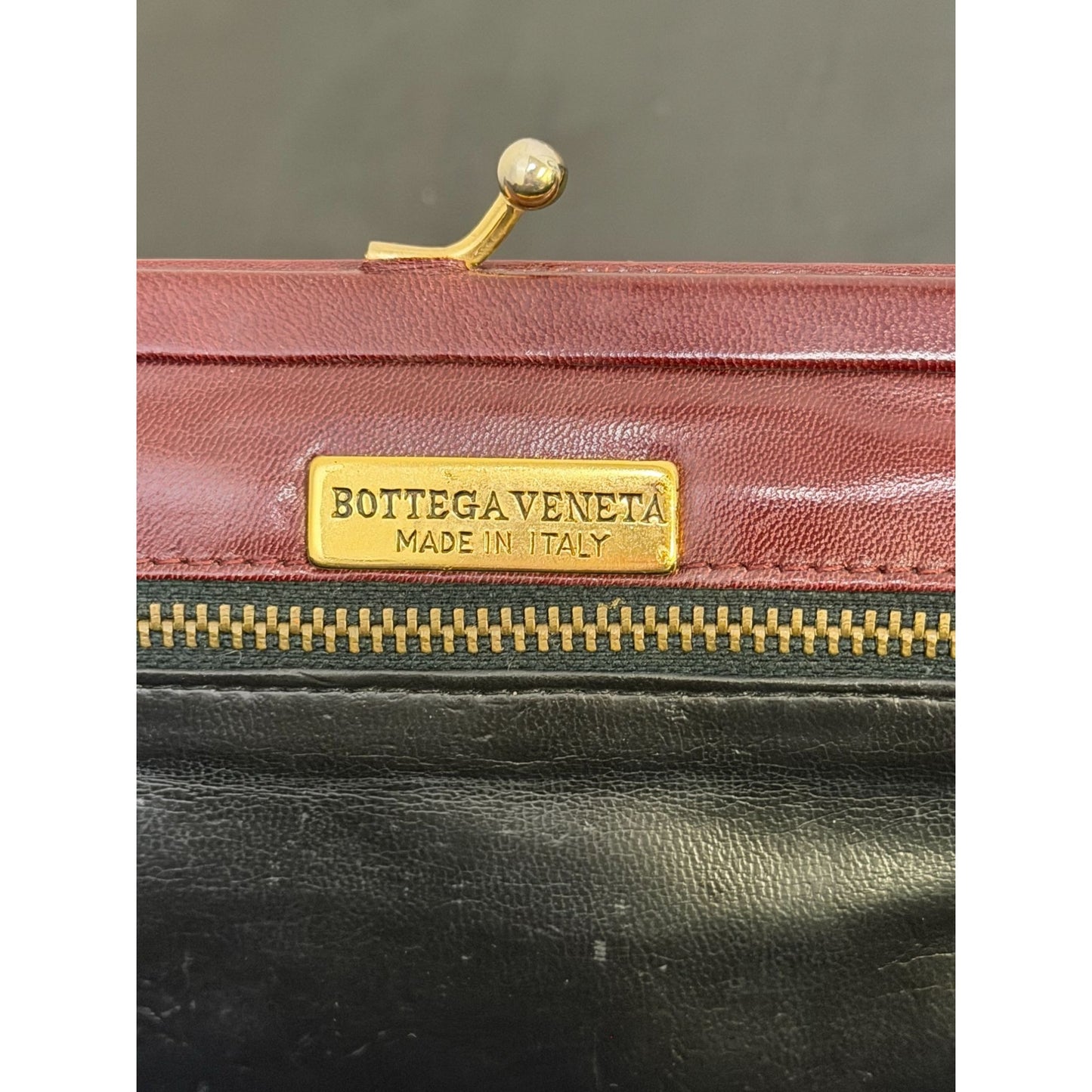 Bottega Veneta Vintage Italian Leather Clutch Bag In Wine Red With Gold Kiss Lock Closure