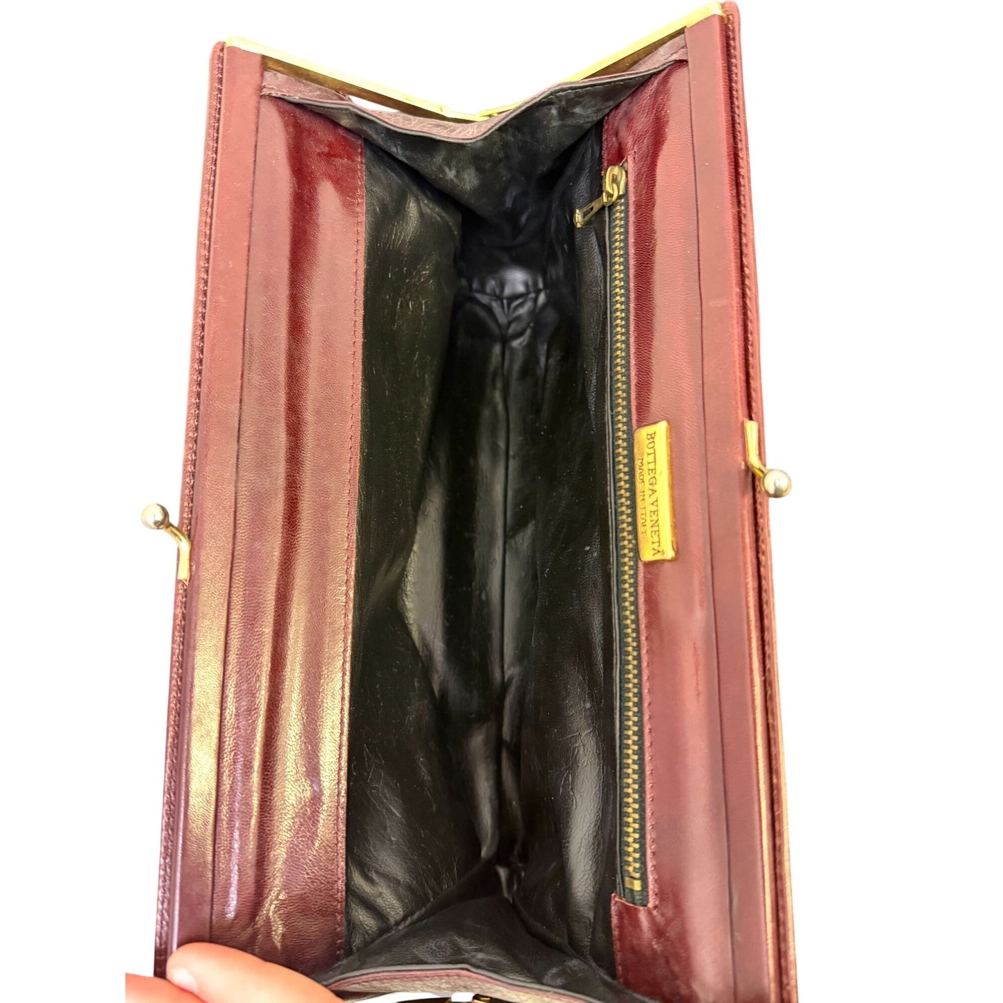 Bottega Veneta Vintage Italian Leather Clutch Bag In Wine Red With Gold Kiss Lock Closure