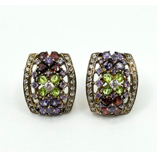 Vintage Seta 925 Silver Multicolor Crystal Omega Back Earrings With Gold-Tone Setting