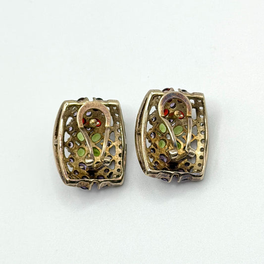 Vintage Seta 925 Silver Multicolor Crystal Omega Back Earrings With Gold-Tone Setting