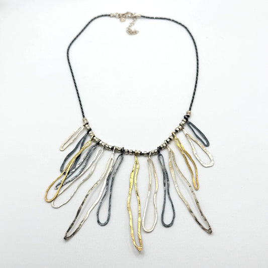 PAZ-PZ  Israel Modernist Dangle Tri-Color Sterling Silver Beaded Chain Necklace