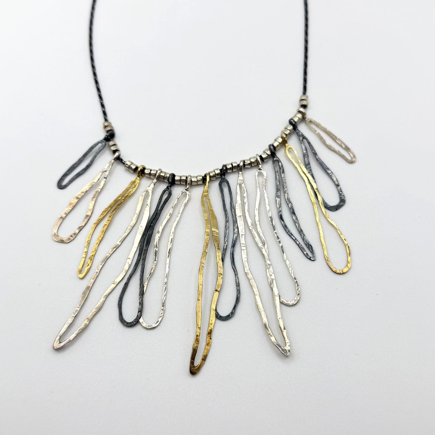 PAZ-PZ  Israel Modernist Dangle Tri-Color Sterling Silver Beaded Chain Necklace