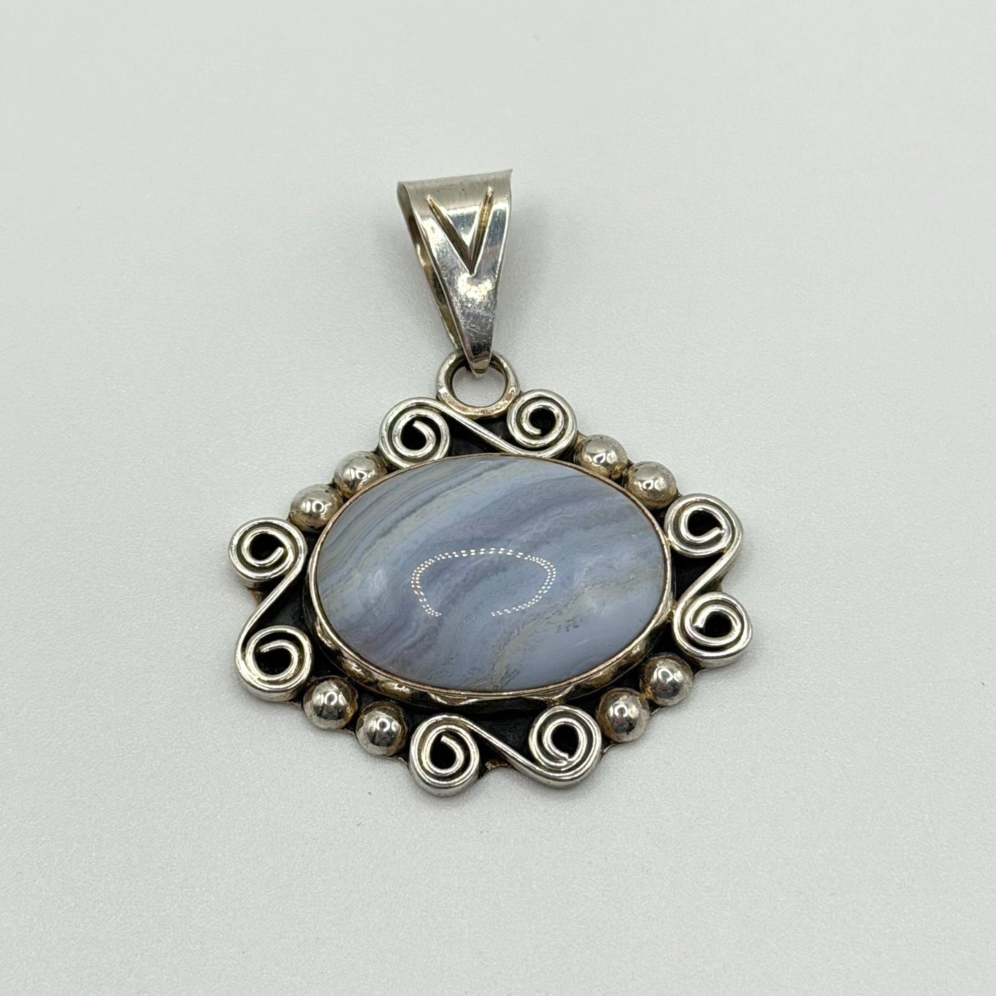 Blue Agate 925 Sterling Silver Pendant With Ornate Design CII Mexico