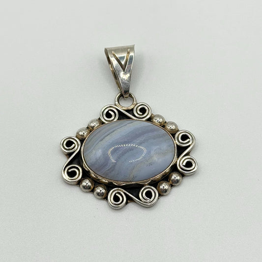 Blue Agate 925 Sterling Silver Pendant With Ornate Design CII Mexico