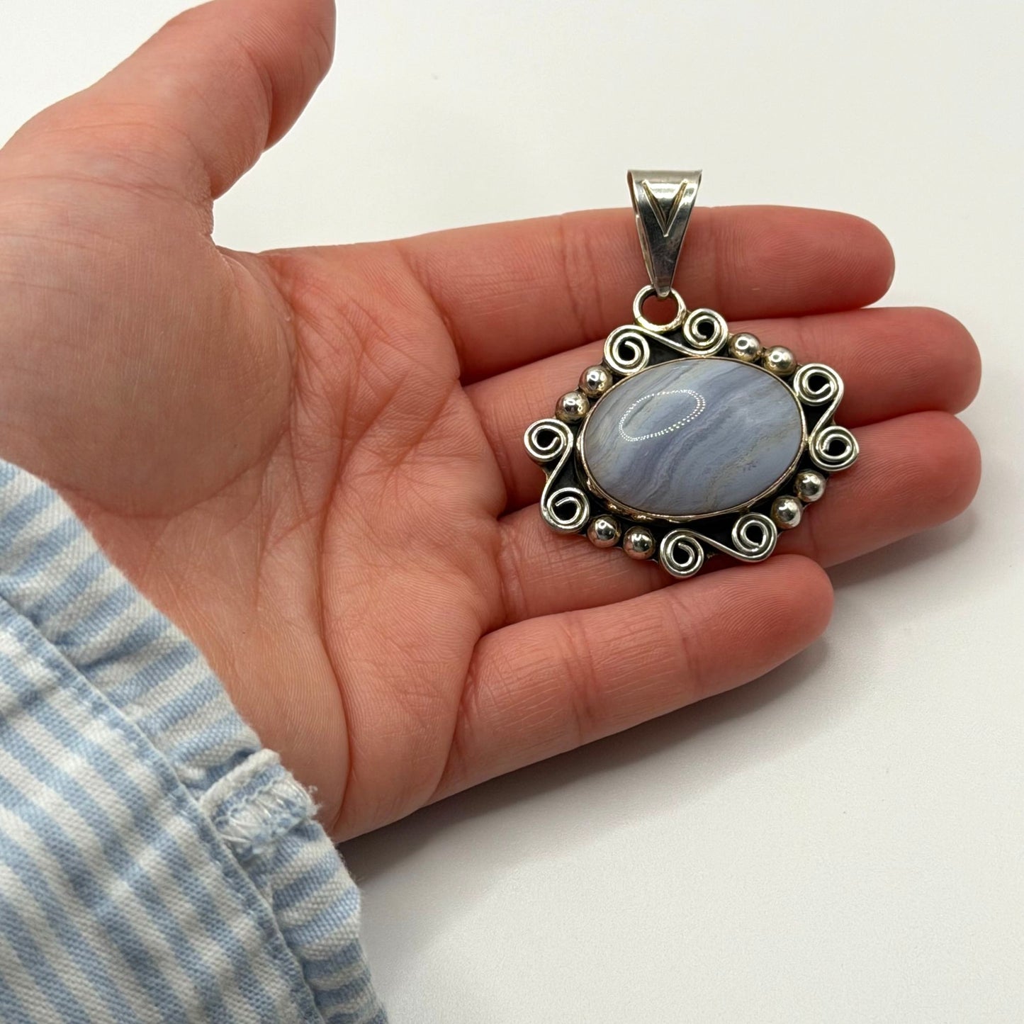 Blue Agate 925 Sterling Silver Pendant With Ornate Design CII Mexico