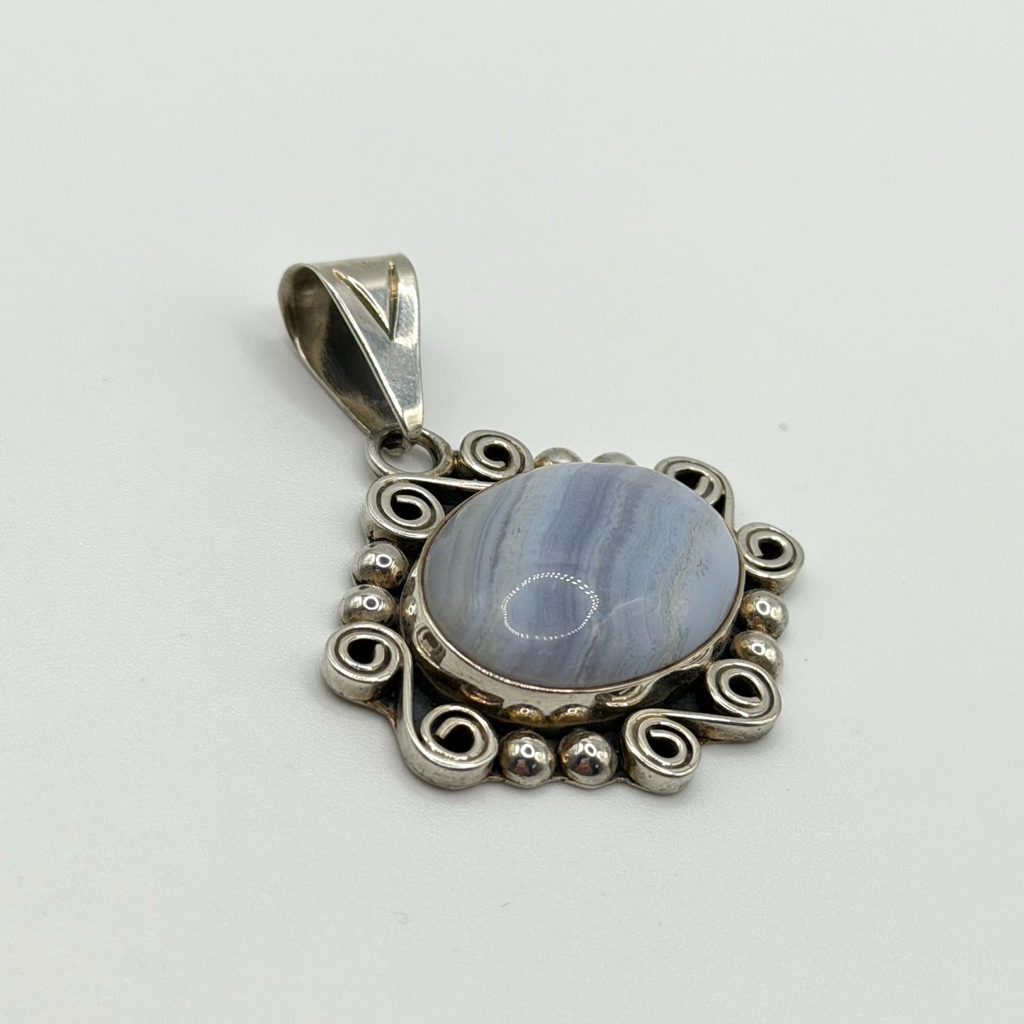 Blue Agate 925 Sterling Silver Pendant With Ornate Design CII Mexico