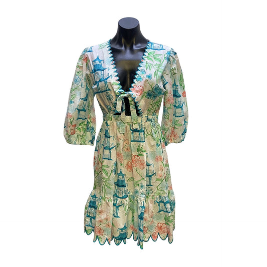 NWT Marigold Floral Lantern Print Dress W/Scalloped Trim & Puff Sleeves Size M