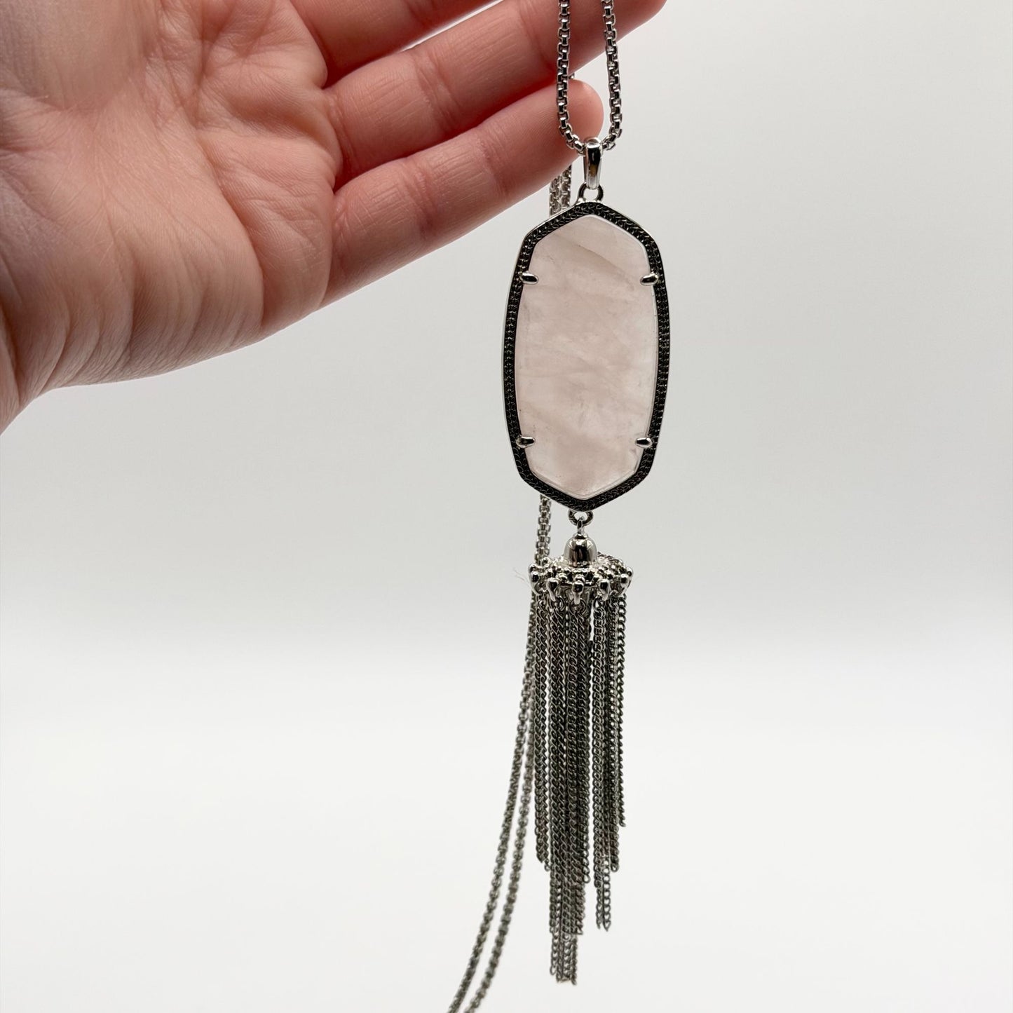 Kendra Scott Silver Tone Necklace With Pink Stone Pendant & Tassel Accent
