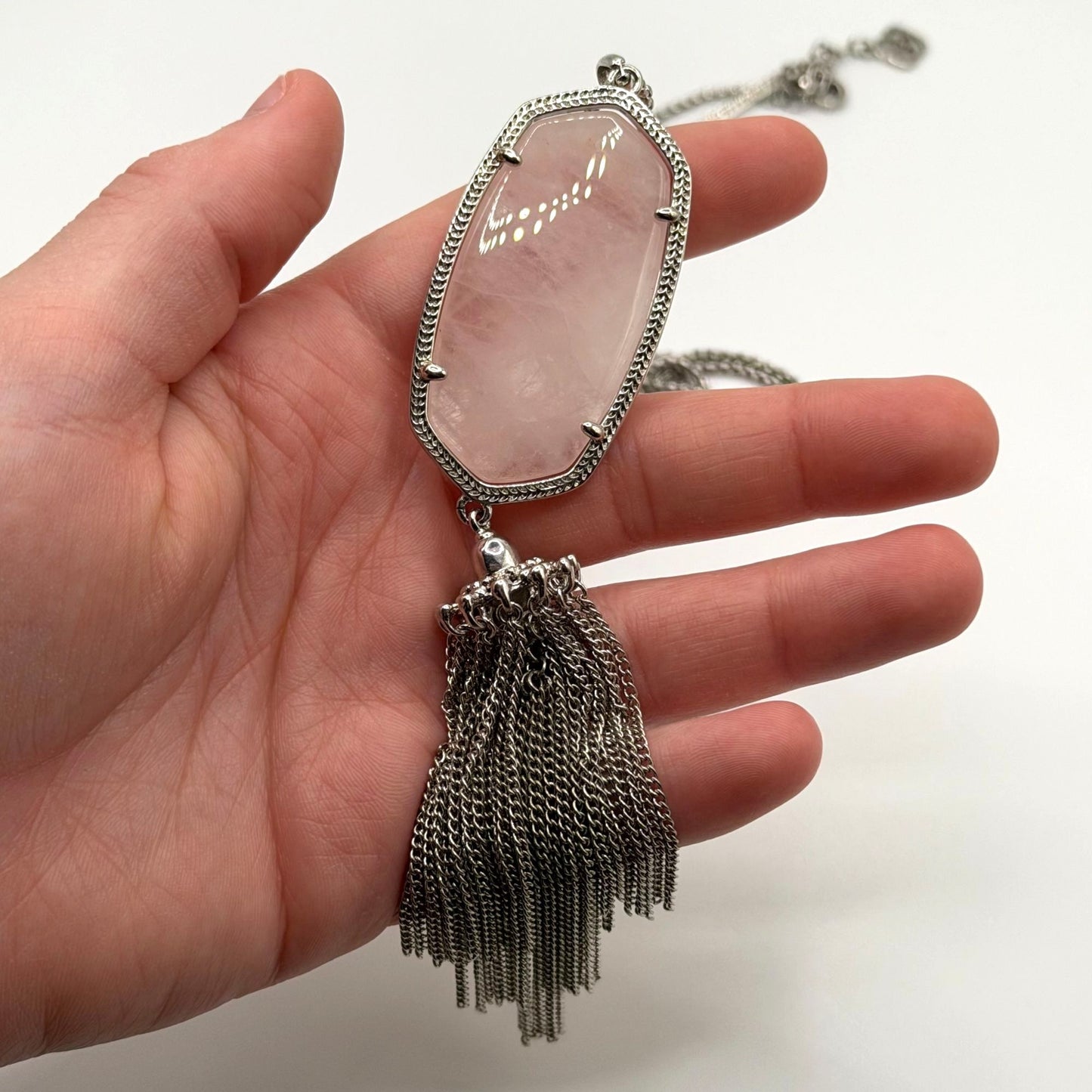 Kendra Scott Silver Tone Necklace With Pink Stone Pendant & Tassel Accent