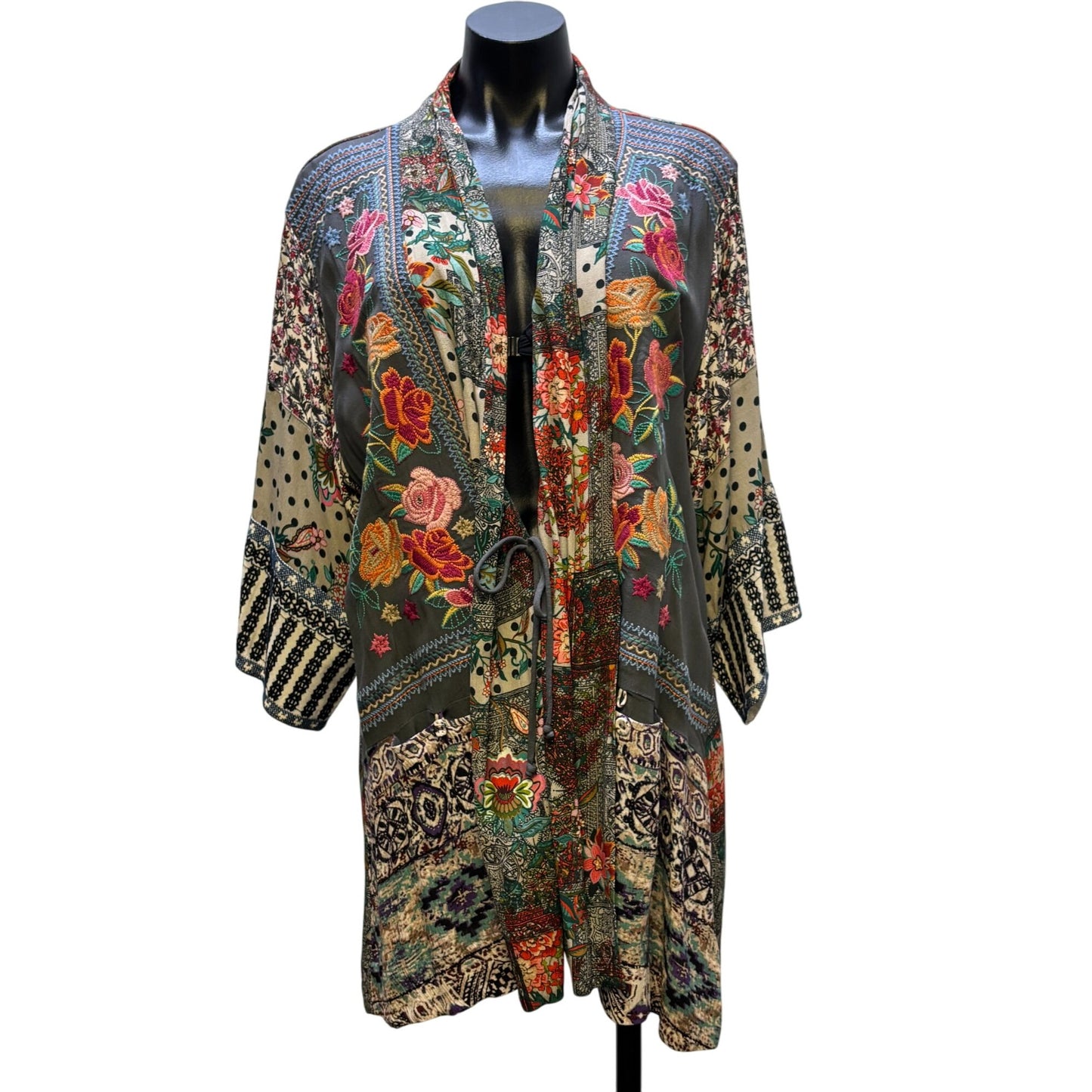 John Mark Embroidered Open-Front Kimono Cardigan Gray Multi XL