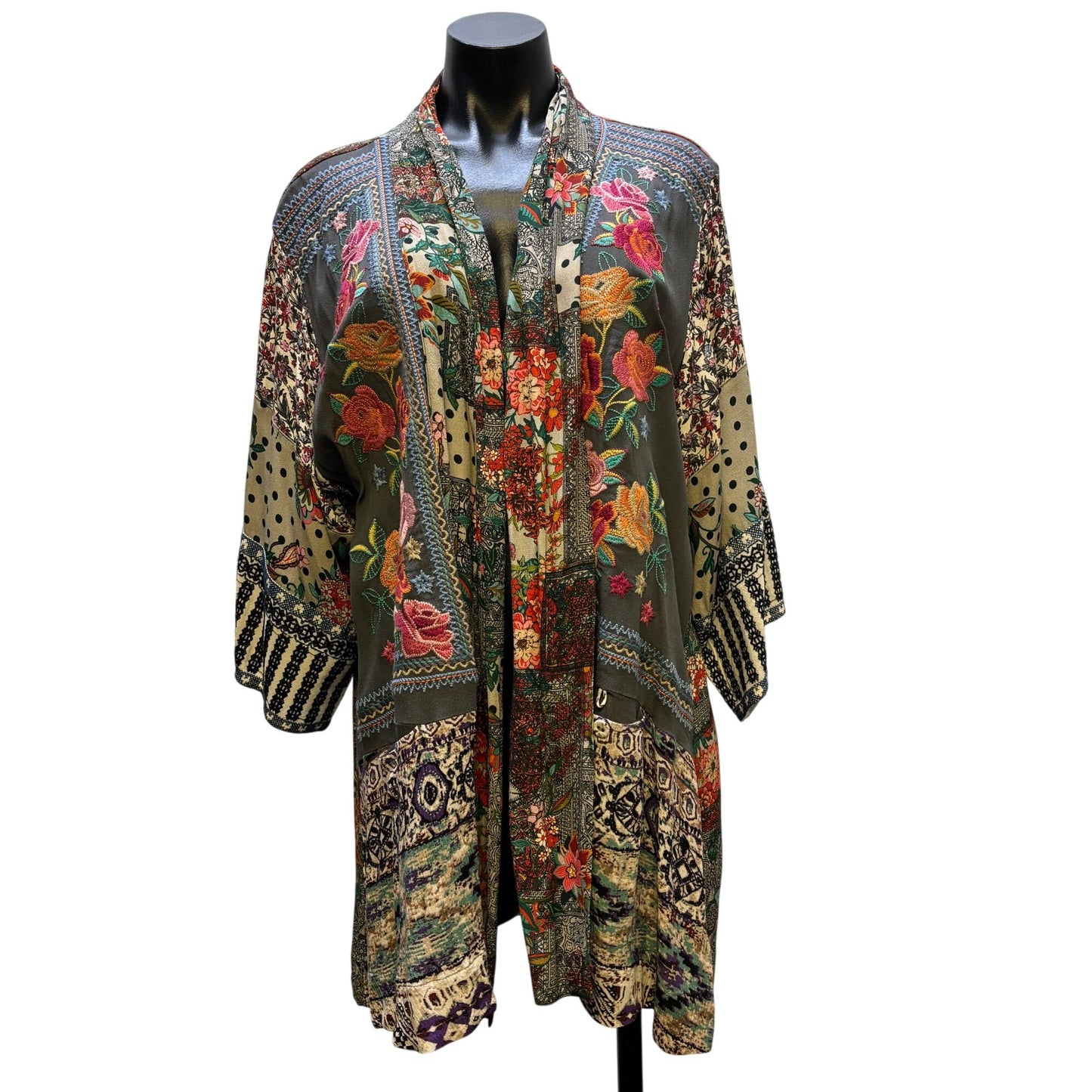 John Mark Embroidered Open-Front Kimono Cardigan Gray Multi XL