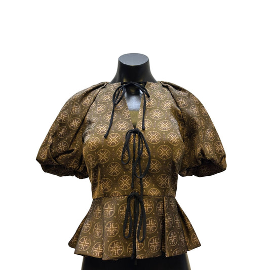 NWT Antonio Melani Brown Print Blouse With Puff Sleeves Size 0