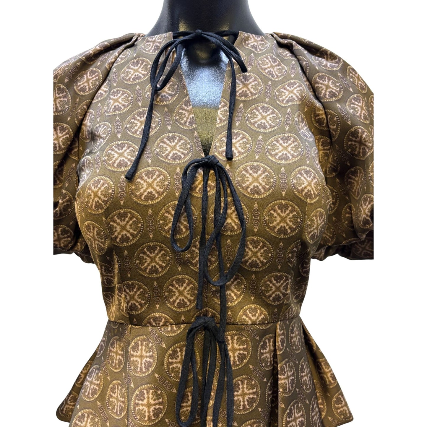 NWT Antonio Melani Brown Print Blouse With Puff Sleeves Size 0