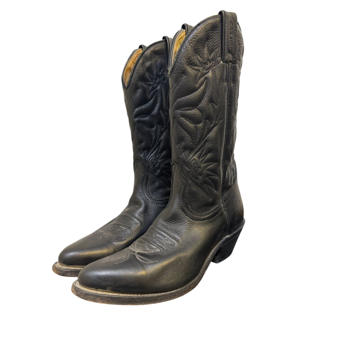 Boulet Western Cowboy Leather Boots Black Size 7.5 Embroidered Stitching