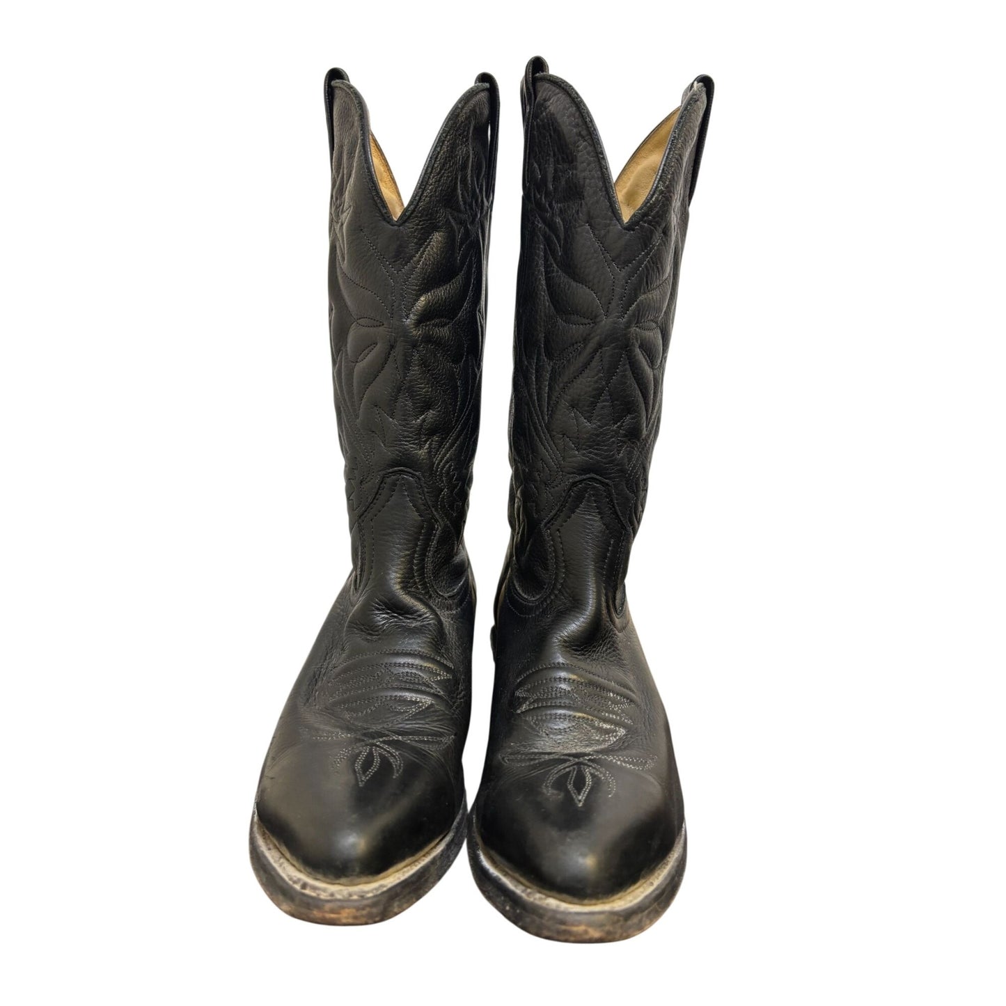 Boulet Western Cowboy Leather Boots Black Size 7.5 Embroidered Stitching