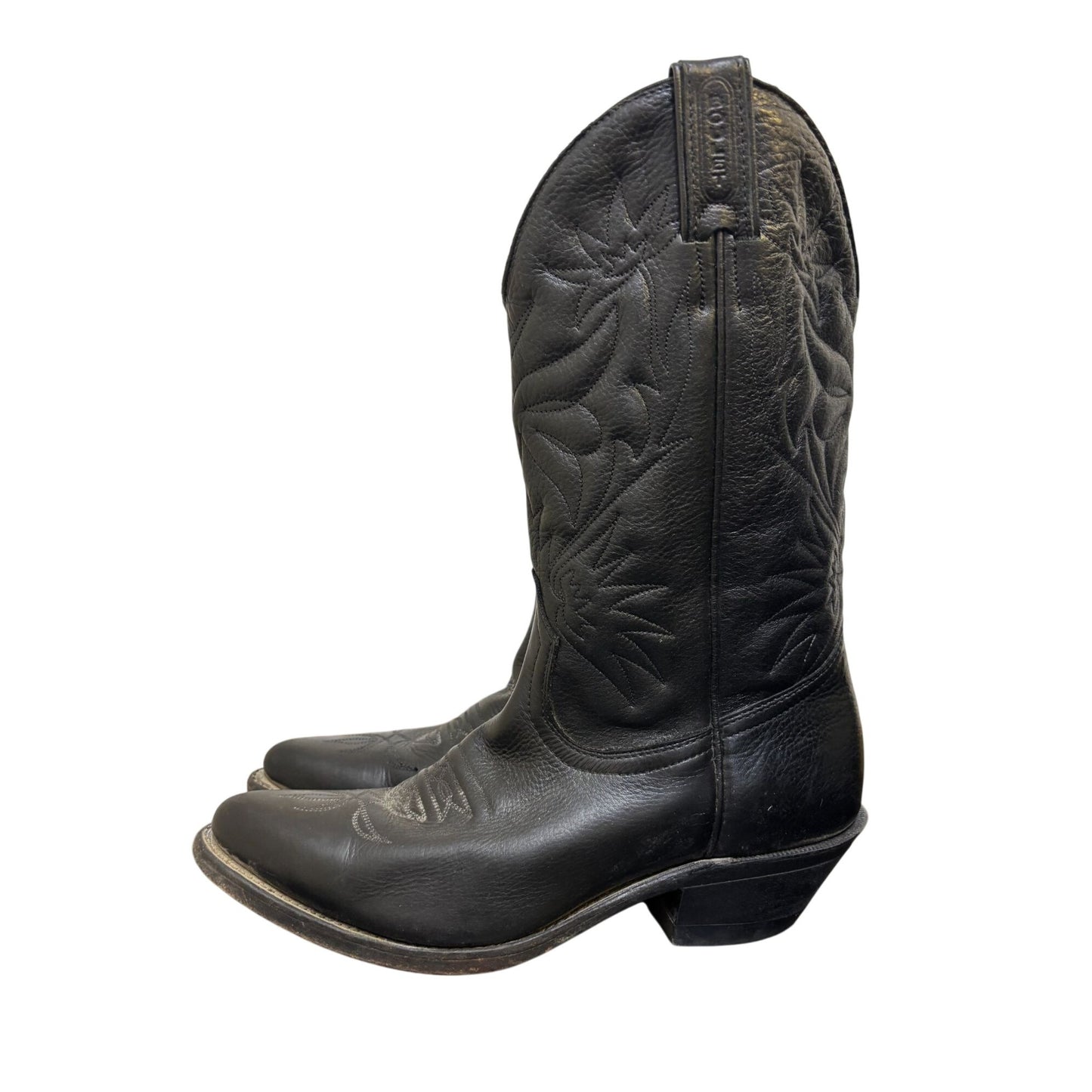 Boulet Western Cowboy Leather Boots Black Size 7.5 Embroidered Stitching