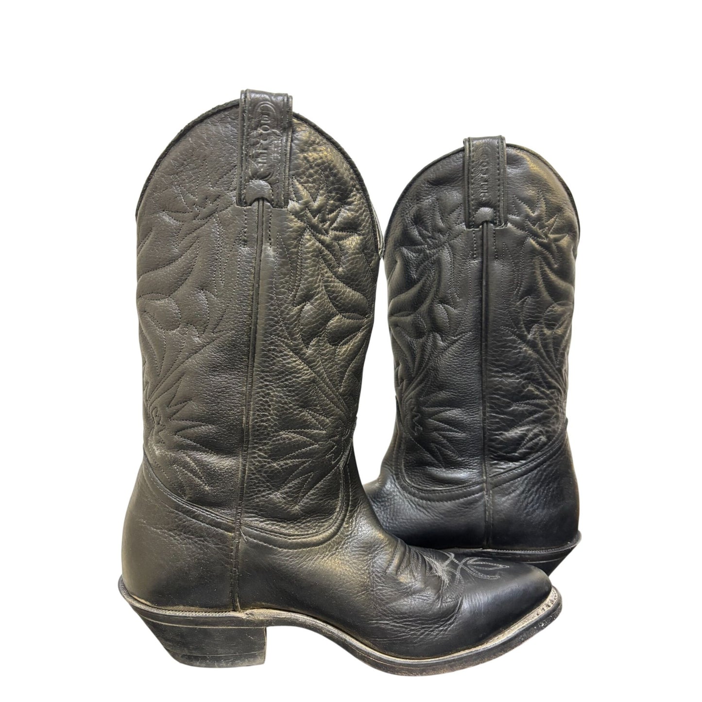 Boulet Western Cowboy Leather Boots Black Size 7.5 Embroidered Stitching