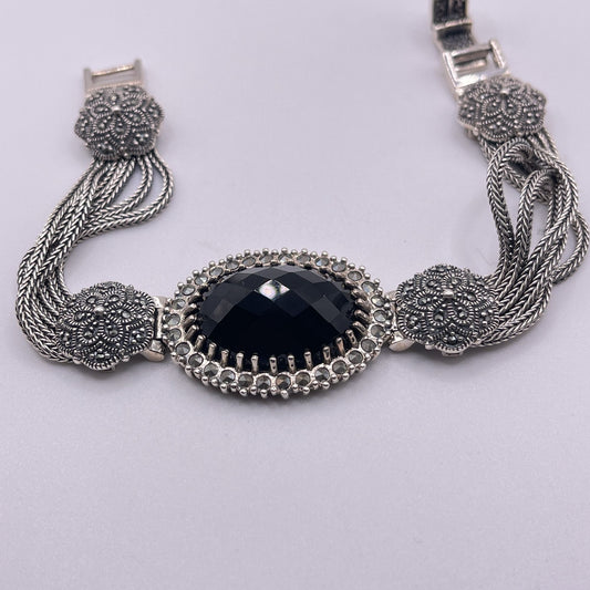 Vintage 925 Sterling Silver Black Onyx Cable Bracelet Filigree Design Secure Clasp