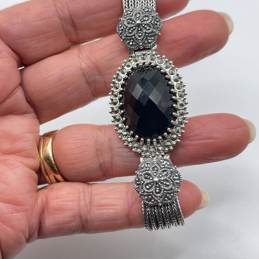 Vintage 925 Sterling Silver Black Onyx Cable Bracelet Filigree Design Secure Clasp