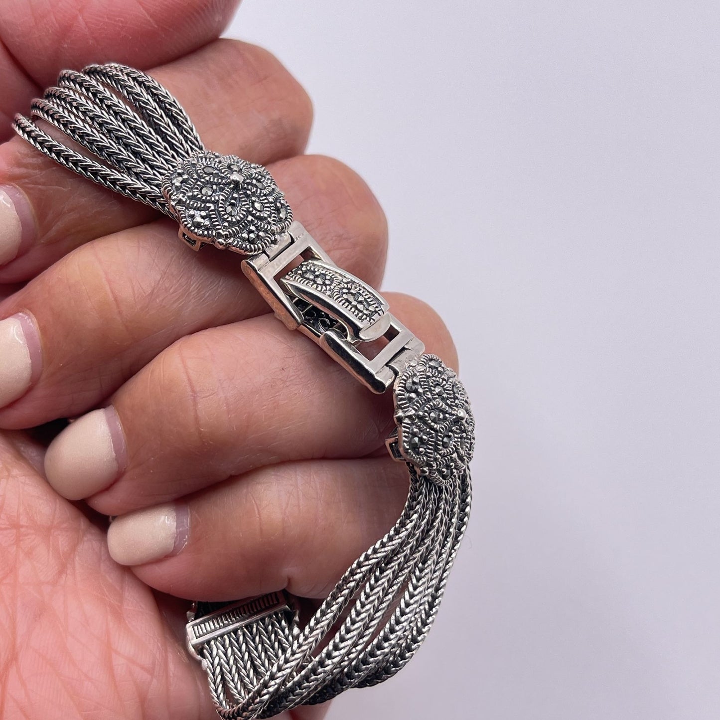 Vintage 925 Sterling Silver Black Onyx Cable Bracelet Filigree Design Secure Clasp