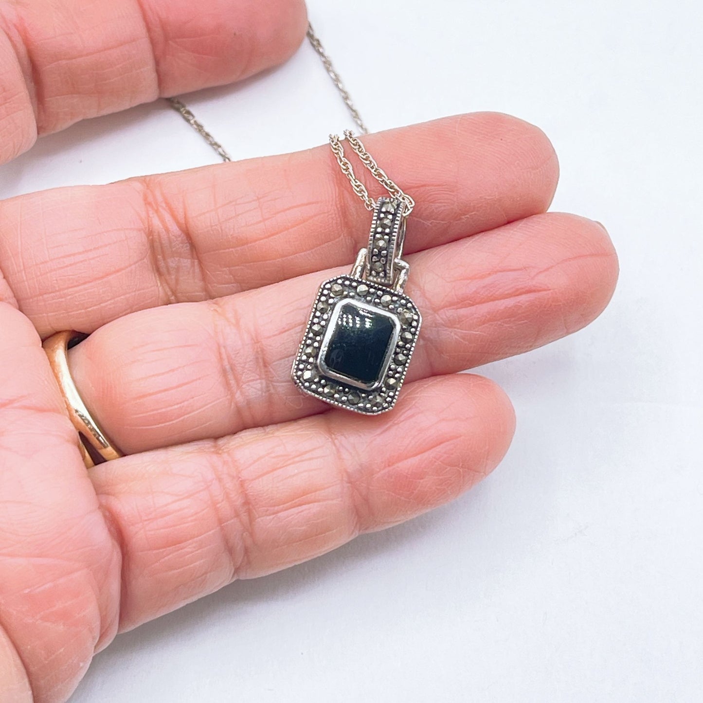 Sterling Silver Onyx & Marcasite Pendant Necklace