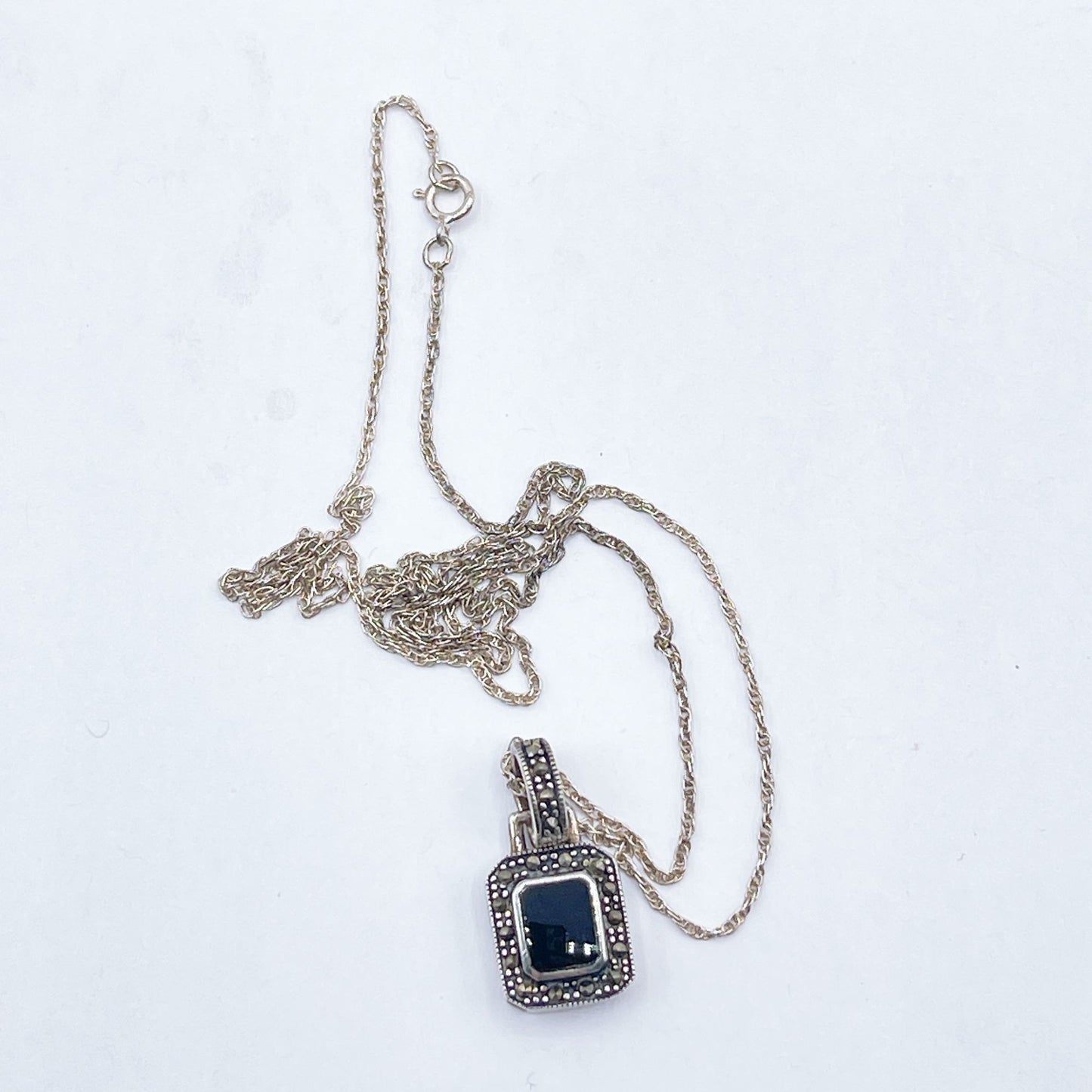 Sterling Silver Onyx & Marcasite Pendant Necklace