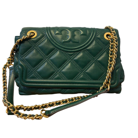 Tory Burch Green Quilted Leather Shoulder Bag Gold Chain Strap Logo Detail