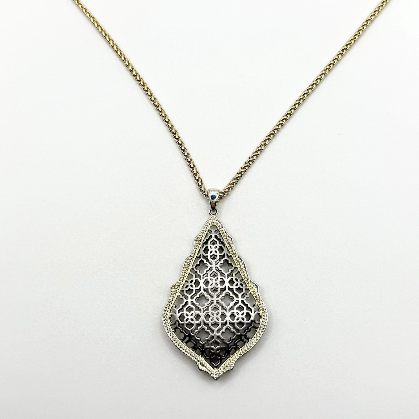 Kendra Scott Aiden Pendant Necklace Long Filigree Teardrop Design Silver & Gold Mixed Metal