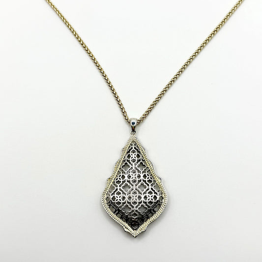 Kendra Scott Aiden Pendant Necklace Long Filigree Teardrop Design Silver & Gold Mixed Metal