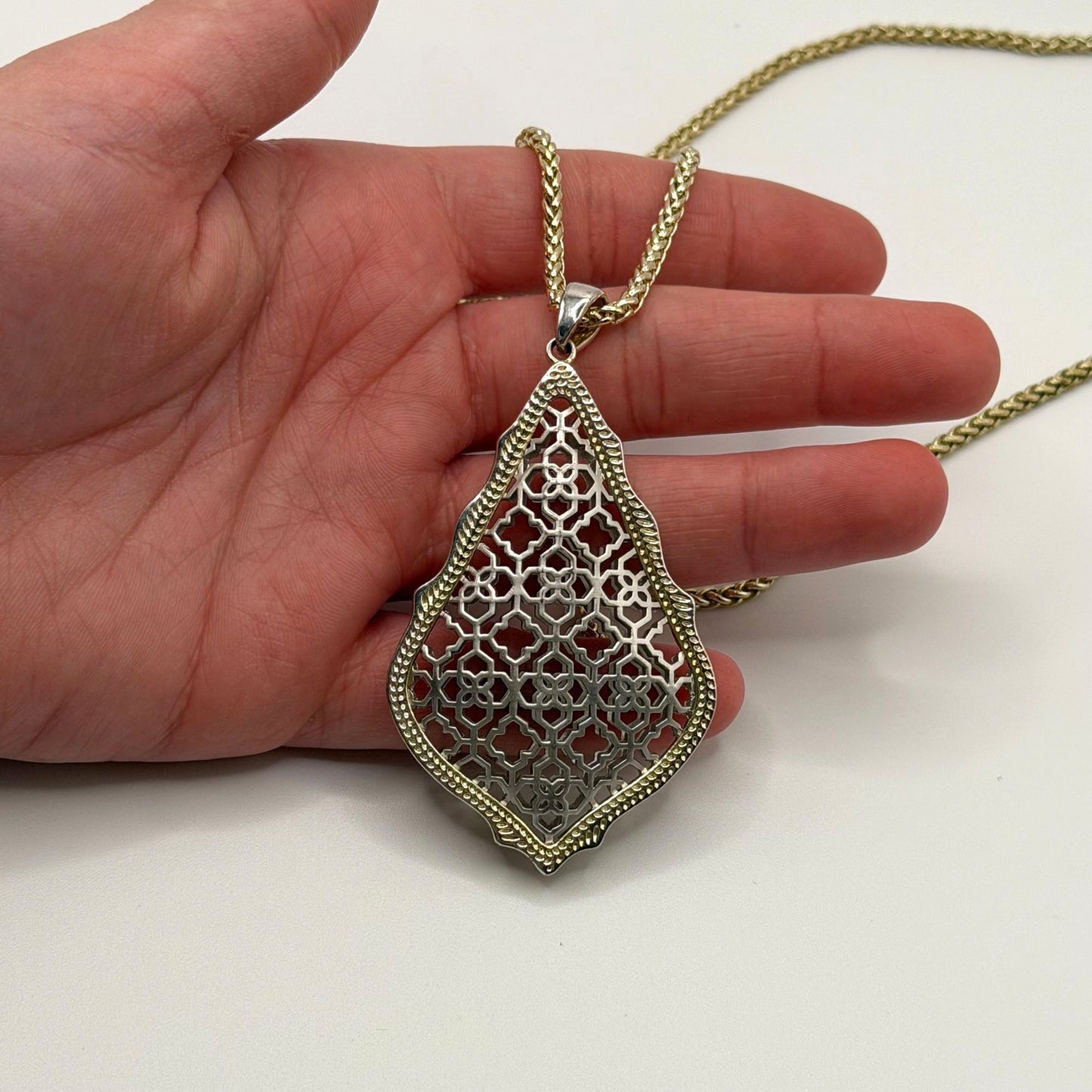 Kendra Scott Aiden Pendant Necklace Long Filigree Teardrop Design Silver & Gold Mixed Metal