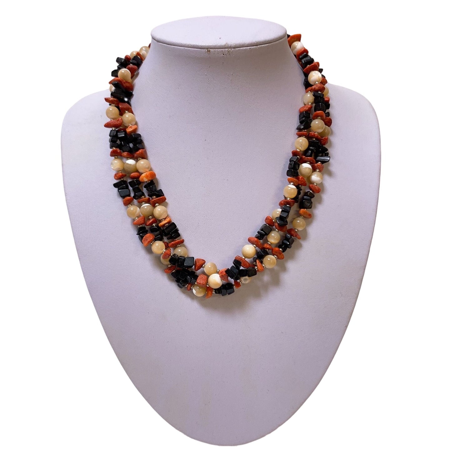 *.925 Mother of Pearl, Onyx and Red Jasper Triple Strand Necklace 18"